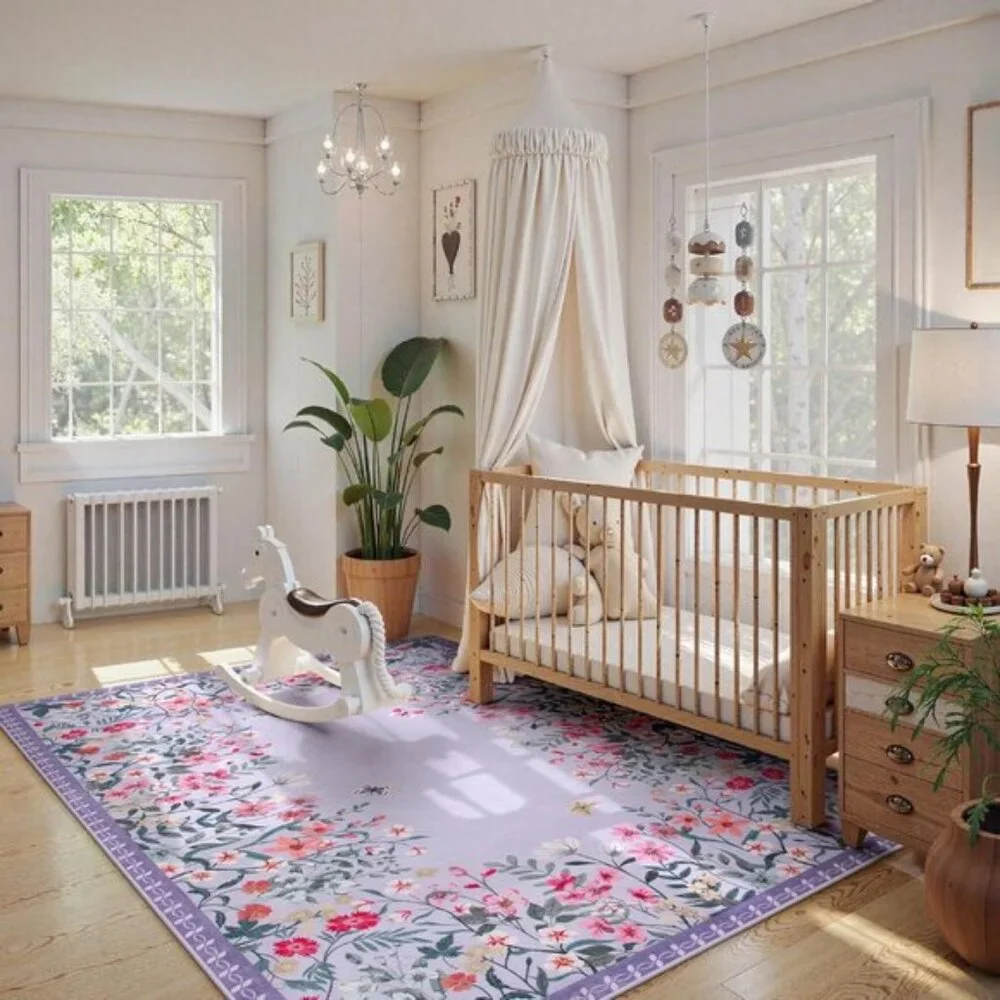 New 5x7 Purple Washable Rug, Floral, Non-Slip, Soft Carpet for Bedroom & Nursery